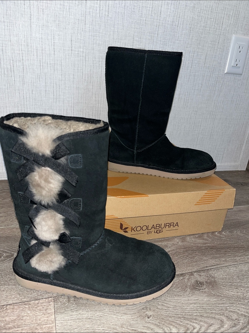 Koolaburra Black Suede Shearling-Trim Mid-Calf Boots with Back Bows